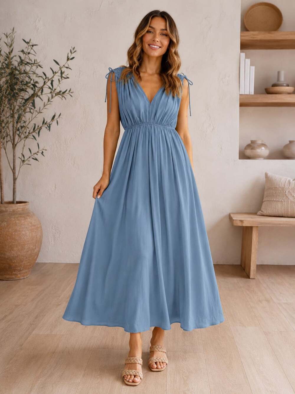 Magnolia Boutique Slate Blue Tie Shoulder Maxi Dress M V Neck Flowy Lined Dress